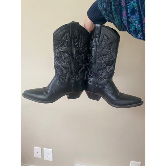 Vintage Womens Cowgirl Boots Black White/Purple Stitching Size 6.5 Western - Picture 7 of 8